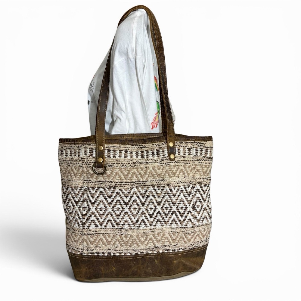Myra Tote Large Canvas Bag - Geometric Pattern - Leather Straps/Accents